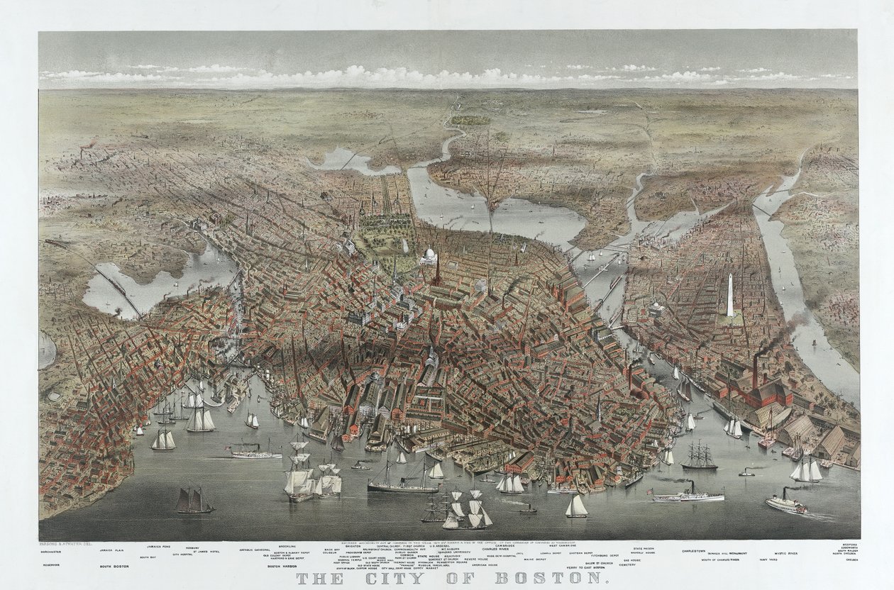 A cidade de Boston, pub. 1873 (litografia a cores) de American School