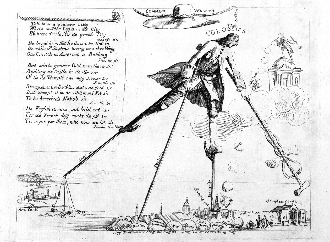 The Colossus, caricatura da revogação da lei do selo, c.1765 de American School