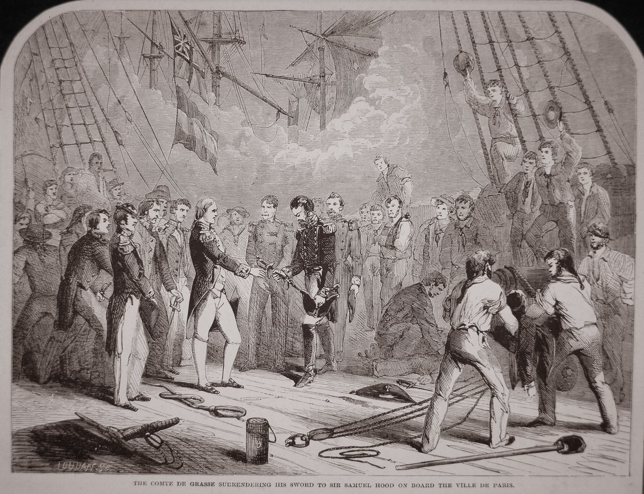 O Comte de Grasse entrega a sua espada a Samuel Hood na "Ville de Paris". de American School