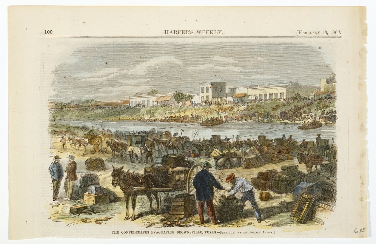 The Confederates Evacuating Brownsville, Texas, c. 1864 (litografia colorida à mão sobre papel de pasta de madeira tecida) de American School