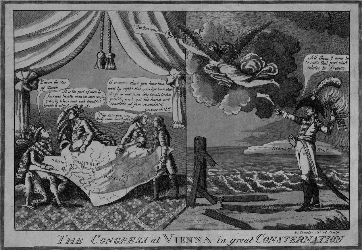 O Congresso em Viena, em grande consternação, c.1815 (gravura e aquatinta) de American School