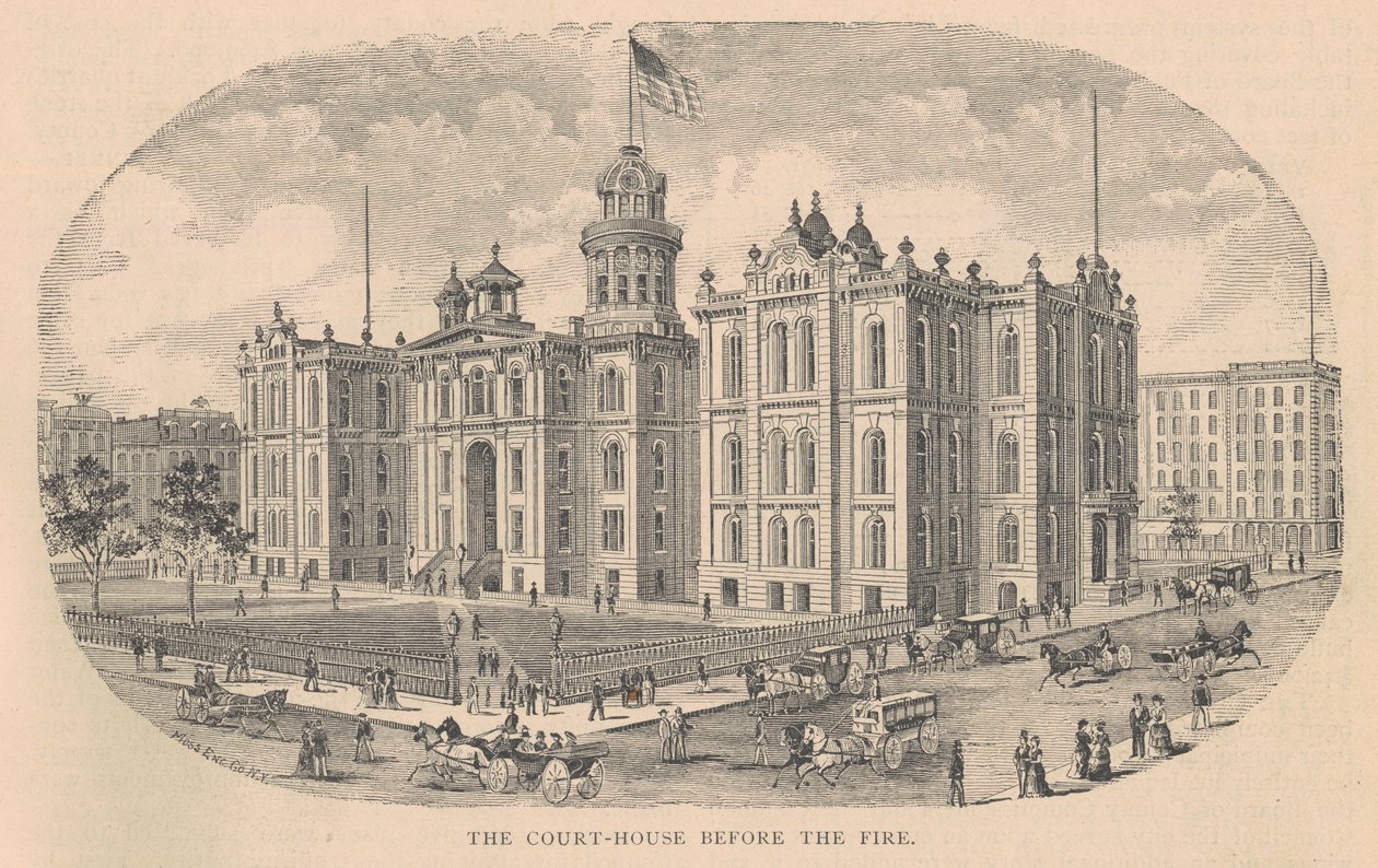 O Court-House before the Fire, impresso pela Moss Engraving Co., Nova York, ilustração da History of Chicago vol. 2 de Alfred Theodore Andreas, publicado em 1885 de American School
