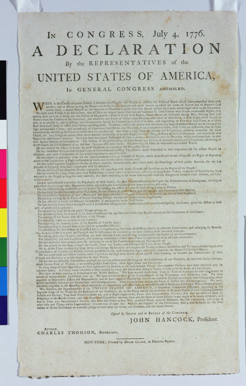 A Declaração da Independência, impressa por Hugh Gaine, 1776 (tinta impressa no papel) de American School