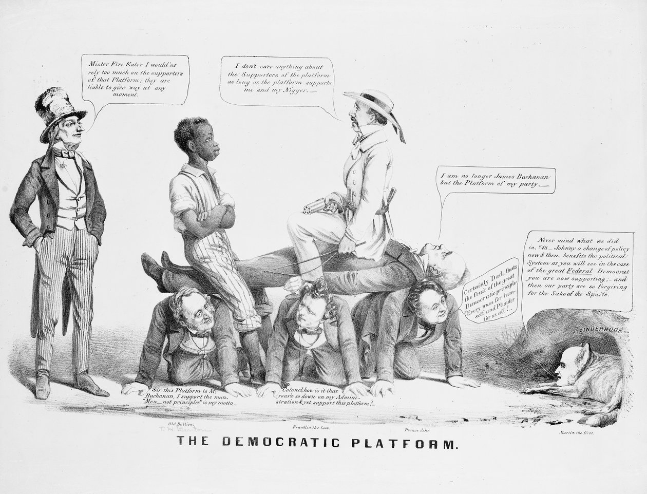 Caricatura política "A Plataforma Democrática" comentando sobre a posição do Partido Democrata sobre a escravidão, c.1856 de American School