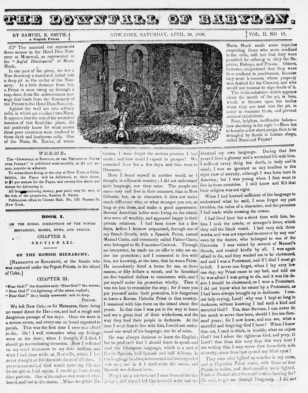 A Queda da Babilônia, ilustração de um panfleto anti-católico mostrando uma freira jogando uma criança assassinada em um buraco, 1836 (papel de jornal) de American School