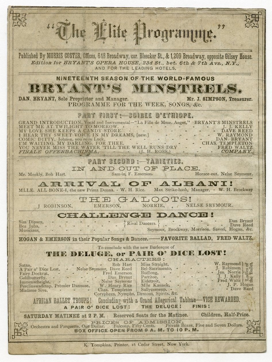 O Programa de Elite para Bryants Opera House, publicado por Morris Coster de American School