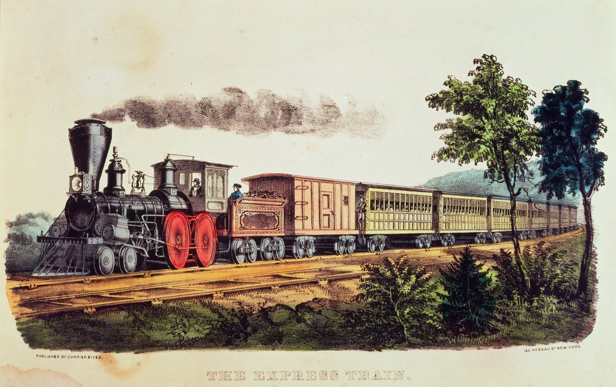 O trem expresso, gravado por Nathaniel Currier (1813-88) e James Merritt Ives (1824-95) (litografia a cores) de American School