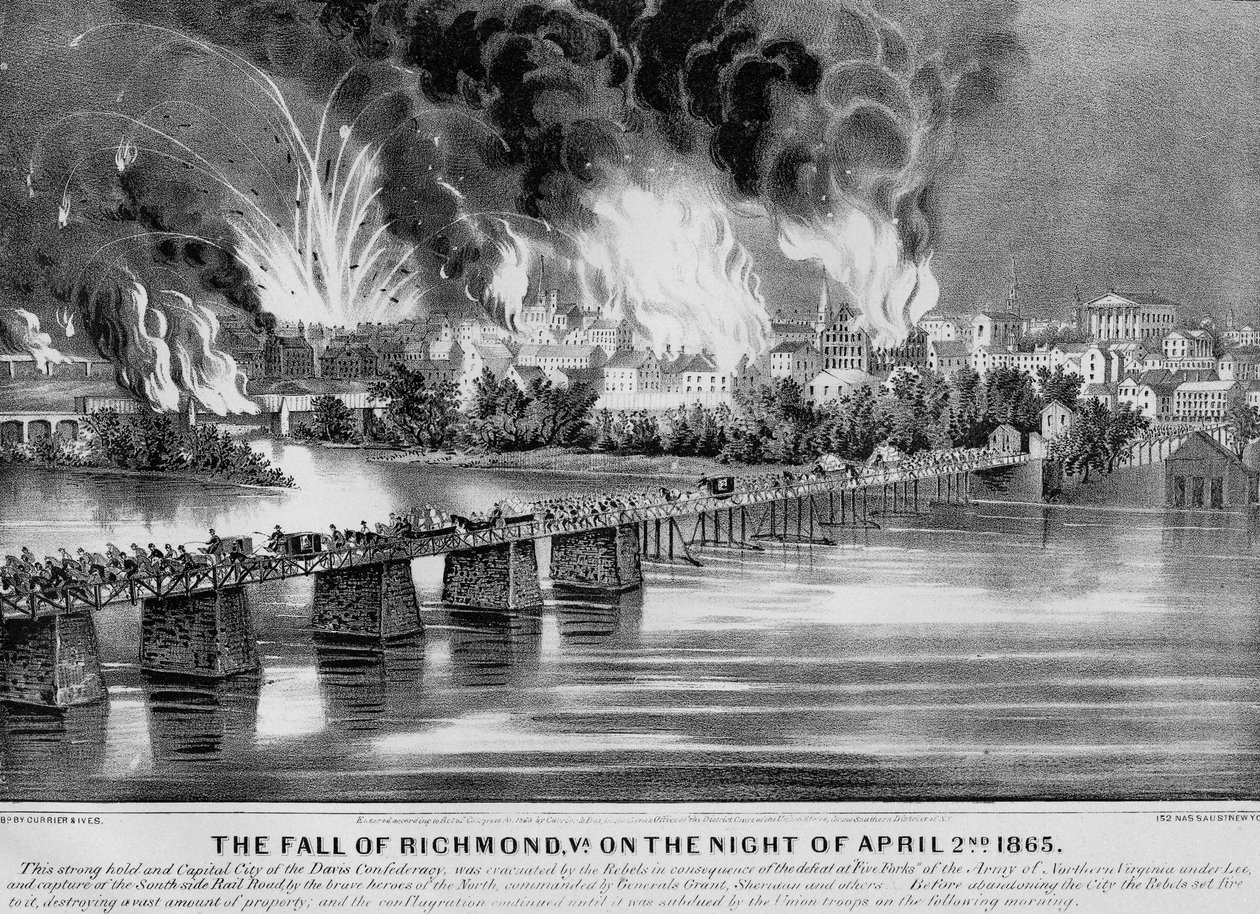 A queda de Richmond, Va. Na noite de 2 de abril de 1865, pub. por Currier & Ives, 1865 de American School