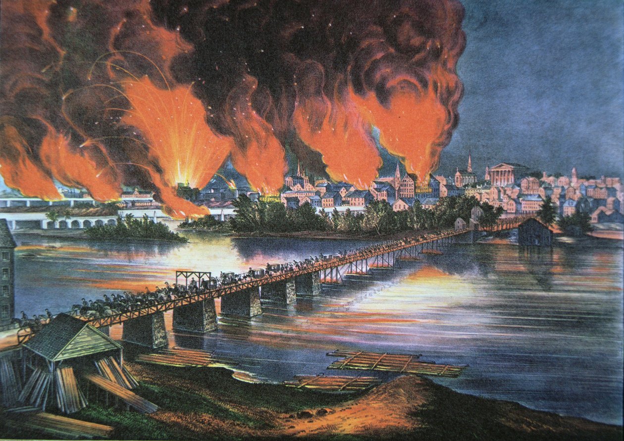 A Queda de Richmond, Virgínia, na noite de 2 de Abril de 1865 (cor litho) de American School