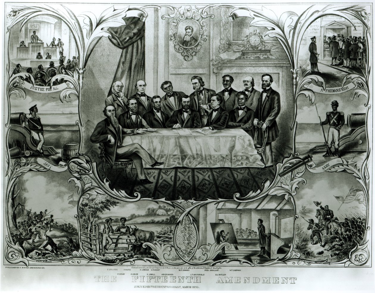 A Décima Quinta Emenda, assinada pelo Presidente Ulysses S. Grant (1822-85) Março de 1870 (litho) (foto a preto e branco) de American School