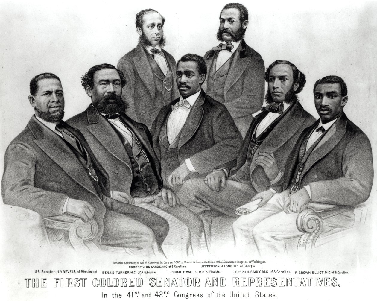 O Primeiro Senador de Cor e Representantes, no 41º e 42º Congresso dos Estados Unidos, pub. por Currier und Ives, 1872 (lito) (foto do bundw) de American School