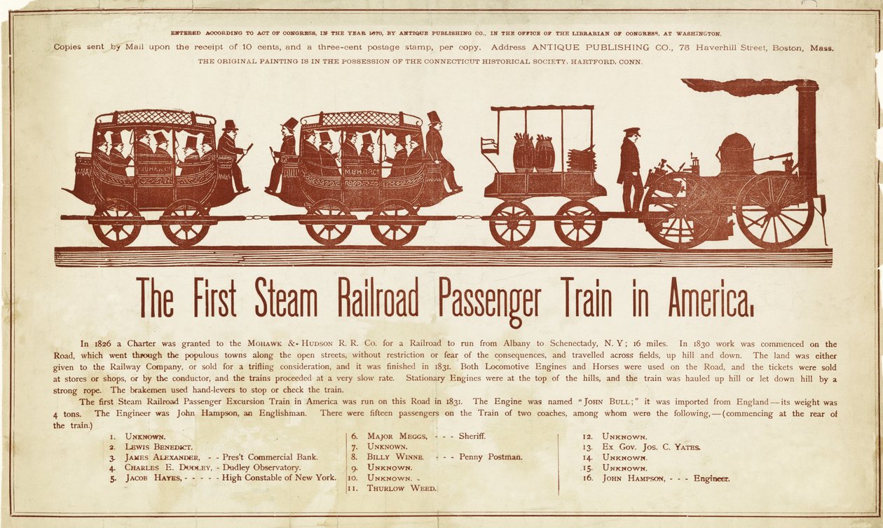 The First Steam Railroad Passenger Train in America, publicado c.1870 (cor de madeira) de American School