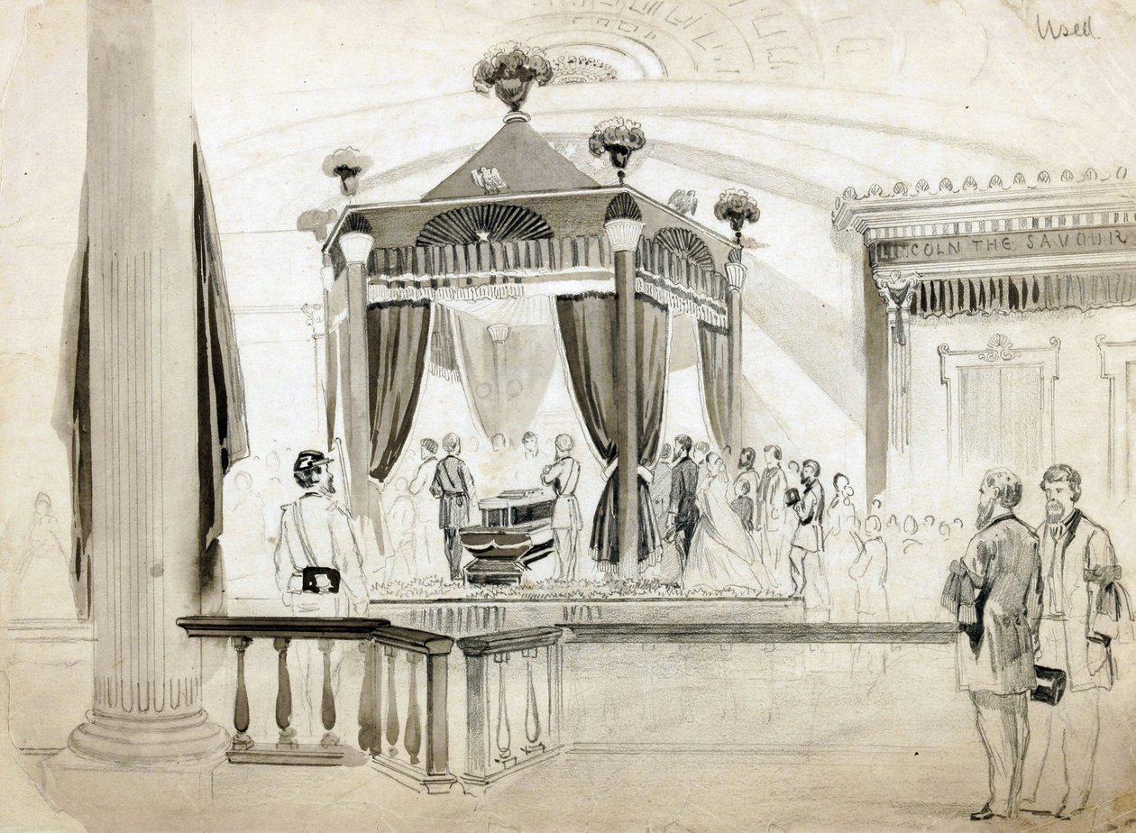 O Catafalque Funeral em ilustração de Springfield, Illinois, para jornal ilustrado de Frank Leslies, 1865 (lápis, tinta & lavagem no papel) de American School