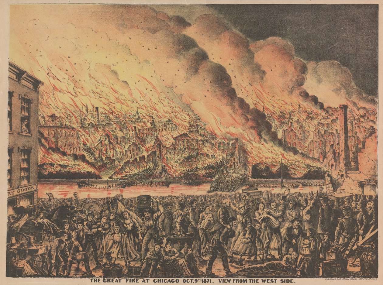 O grande incêndio em Chicago, 9 de outubro, vista do lado oeste, 1871 de American School