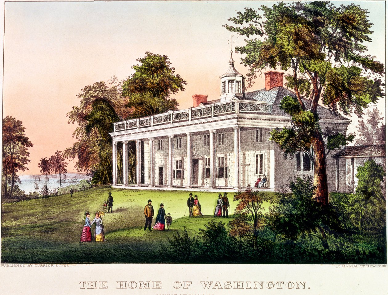 O Lar de George Washington, Mount Vernon, Virgínia, publicado por Nathaniel Currier (1813-88) e James Merritt Ives (1824-95) de American School