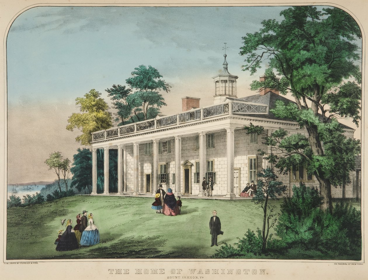A casa de Washington, Mount Vernon, Virgínia, pub. litografia colorida c1857. de American School