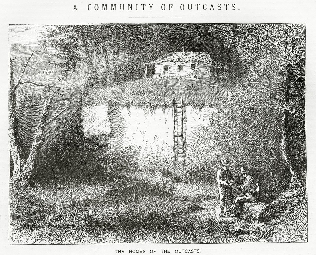 The Homes of the Outcasts, ilustração para um longa-metragem, A Community of Outcasts, de Appletons Journal, 23 de março de 1872 de American School