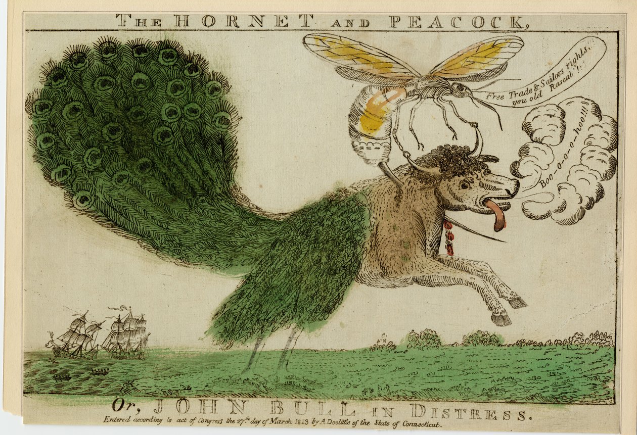 O zangão e pavão, ou, John Bull em perigo, 1813 (gravura com gravura) de American School