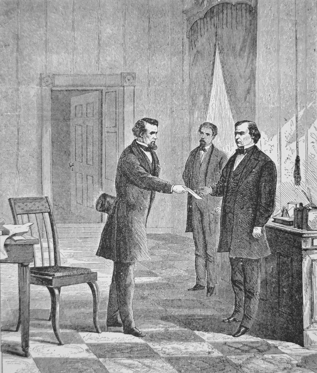 A Impeachment do Presidente Andrew Johnson (1808-75) 1868 (gravura) de American School