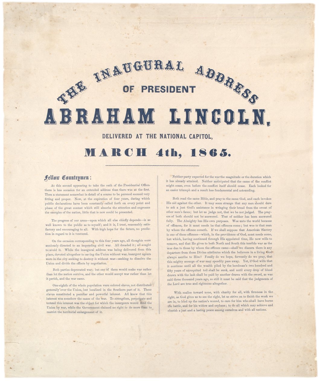 O discurso inaugural do Presidente Abraham Lincoln entregue no Capitólio Nacional, 4 de março de 1865 de American School