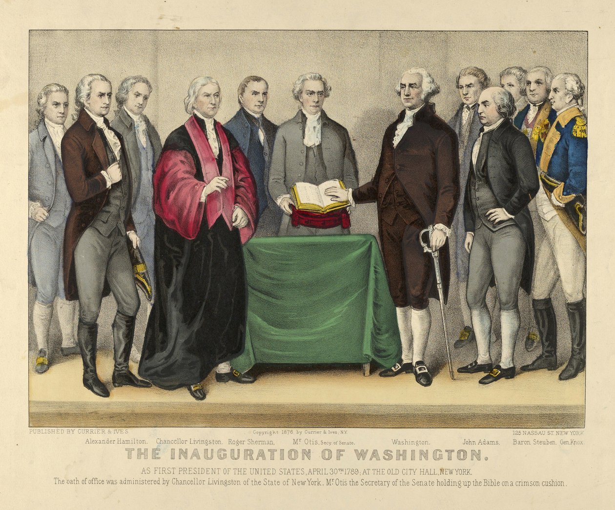 A posse de Washington como primeiro presidente dos Estados Unidos, 30 de abril de 1789, no Old City Hall, Nova York, pub.1876 (lito colorido) de American School