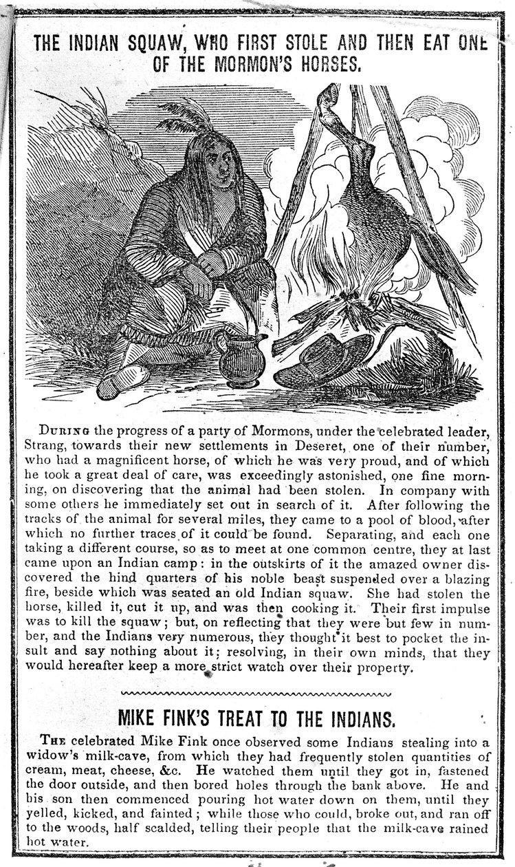 O Indian Squaw, que primeiro roubou e depois comer um dos cavalos mórmons, de Crattots Almanac, 1852 de American School