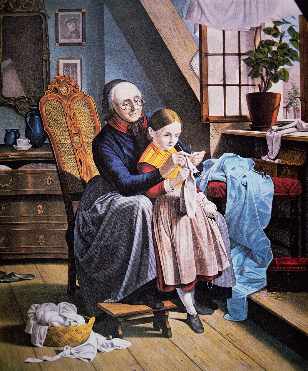 The Knitting Lesson, publicado por Currier & Ives de American School