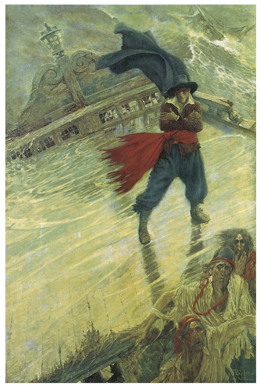 A Lenda do Navio Fantasma ou o Holandês Voador: um comandante holandês que quisesse tentar o destino teria sido condenado a vaguear no seu navio para sempre trazendo infortúnio aos navios que cruzavam a sua rota Ilustração de Howard Pyle (1853-1911) de Col de American School