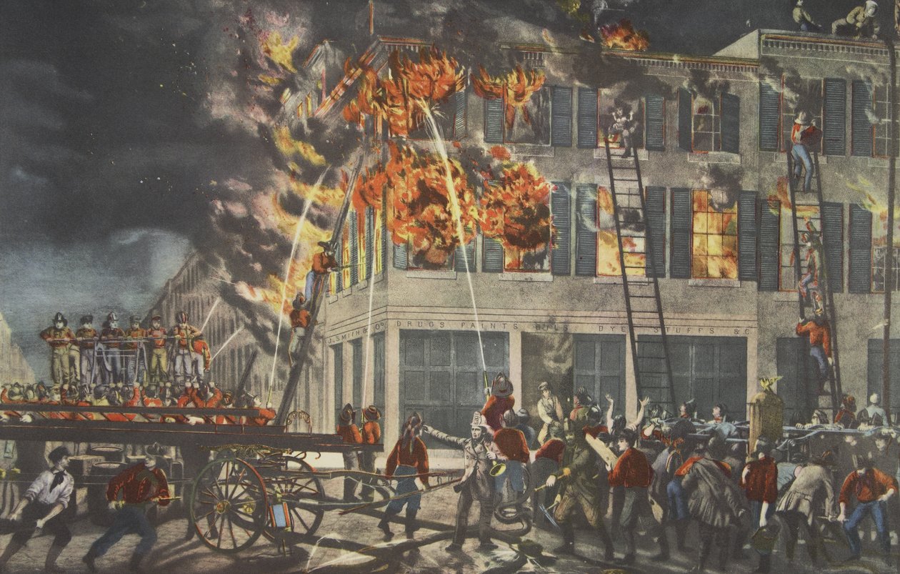 A vida de um bombeiro - as ruínas, bar. 1854, Currier & Ives de American School