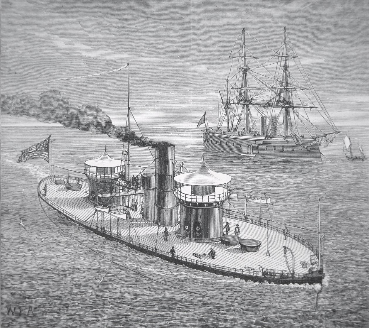 O Miantonoma, monitor blindado de torre dupla lançado em 1863 (litho) de American School