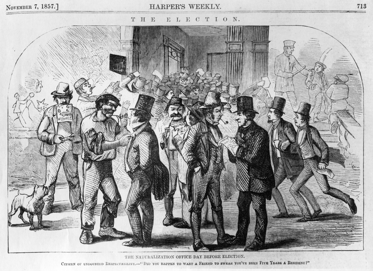 O Escritório Naturalização dia antes da eleição, publicado no Harpers Weekly, 7 de novembro de 1857 de American School