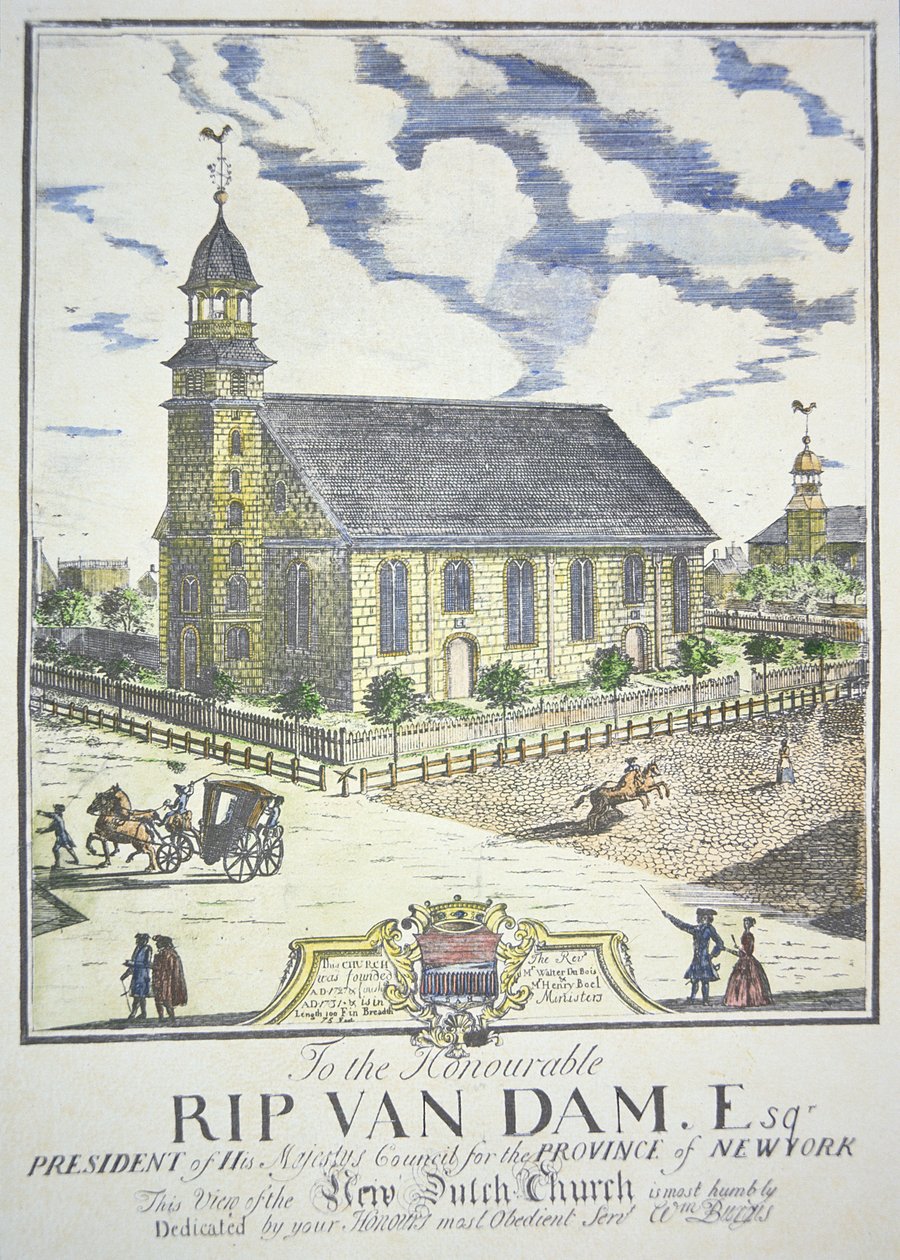 A Nova Igreja Reformada Holandesa, construída na esquina das ruas Nassau e Liberty, Nova Iorque, em 1731 (gravura colorida) de American School