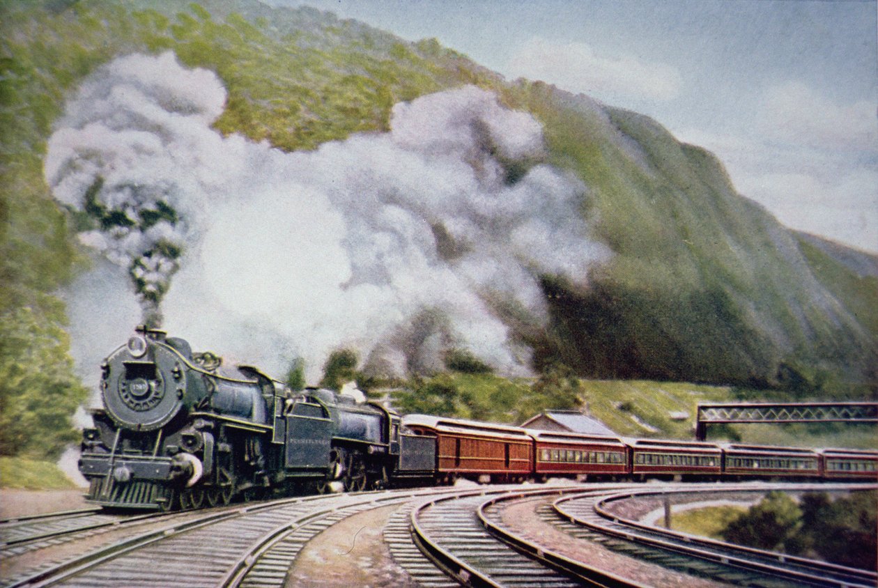 The New York to Chicago Express at the Horse-Shoe Curve, Alleghany, c.1930 (cor litho) de American School