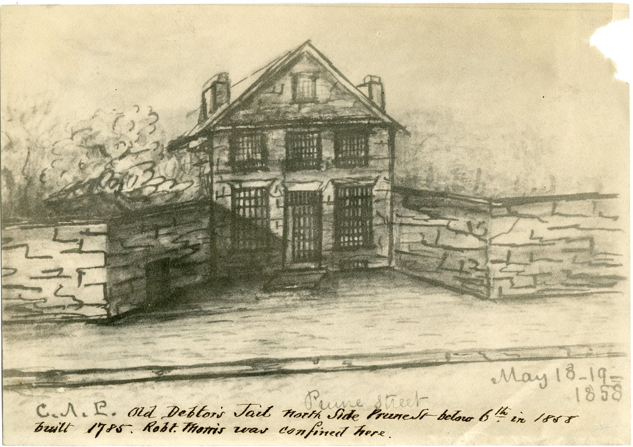 A Antiga Cadeia de Devedores, Lado de Prune St. abaixo de 6º, ilustração do Álbum de Recados Castner, 1858 (foto-litro) de American School
