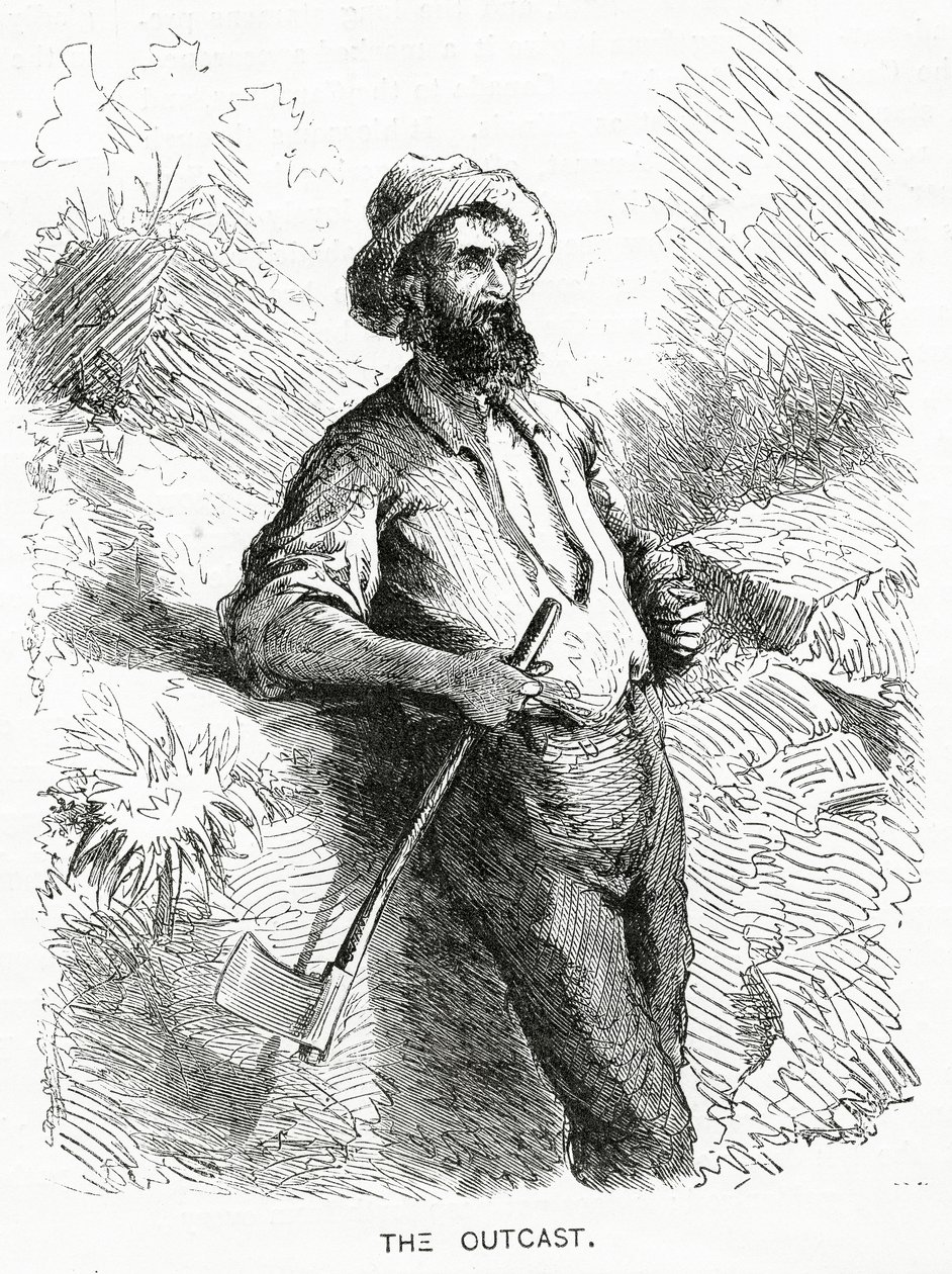 The Outcast, ilustração para um longa-metragem, A Community of Outcasts, de Appletons Journal, 23 de março de 1872 de American School