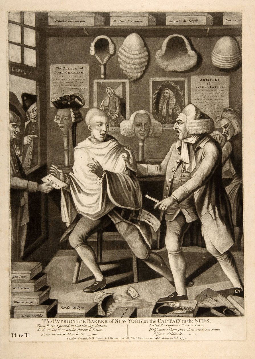 O Barbeiro Patriótico de Nova York, ou o Capitão na espuma, pub. 1775 de American School