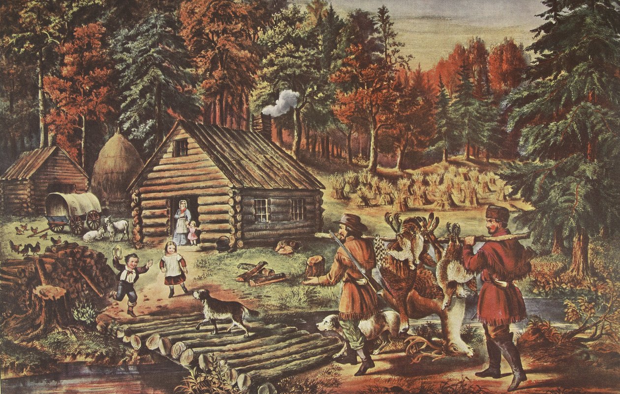 A casa dos pioneiros na fronteira ocidental, bar. 1867, Currier & Ives de American School
