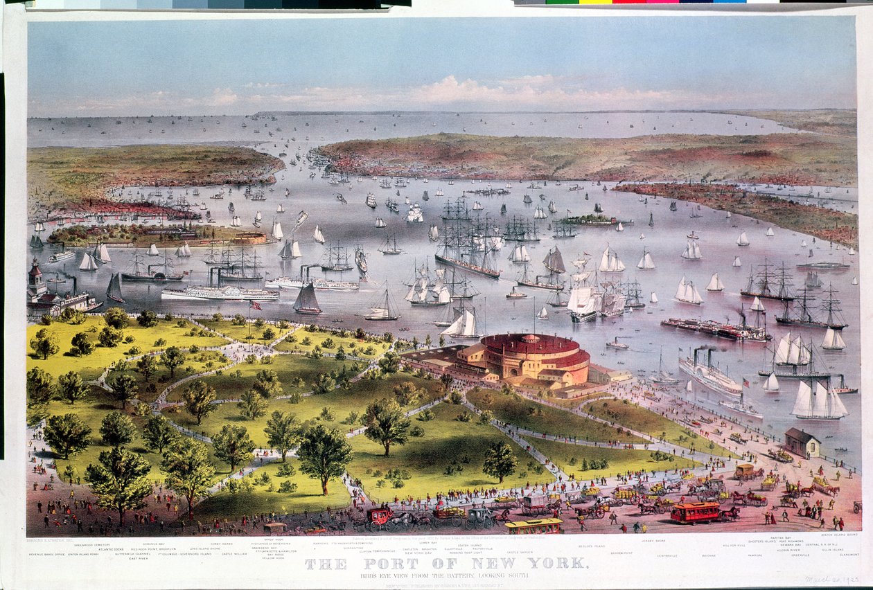 O porto de Nova York, vista panorâmica da bateria olhando para o sul, gravada por Parsons & Atwater, publicada por Currier & Ives, 1872 de American School