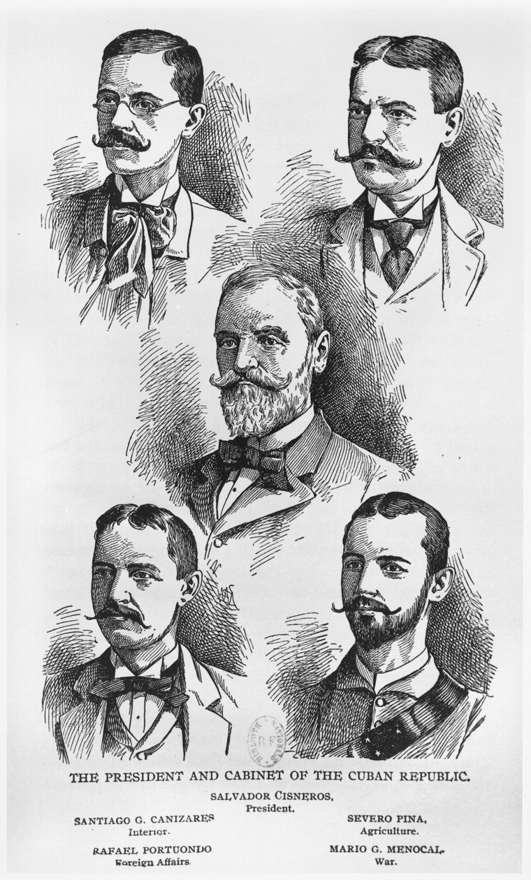 O Presidente Salvador Cisneros Betancourt (1828-1914) e o Gabinete da República Cubana, c. 1895, ilustração de A História de Cuba, de Murat Halstead, a Werner Company, publicada em 1898 (engrav de American School