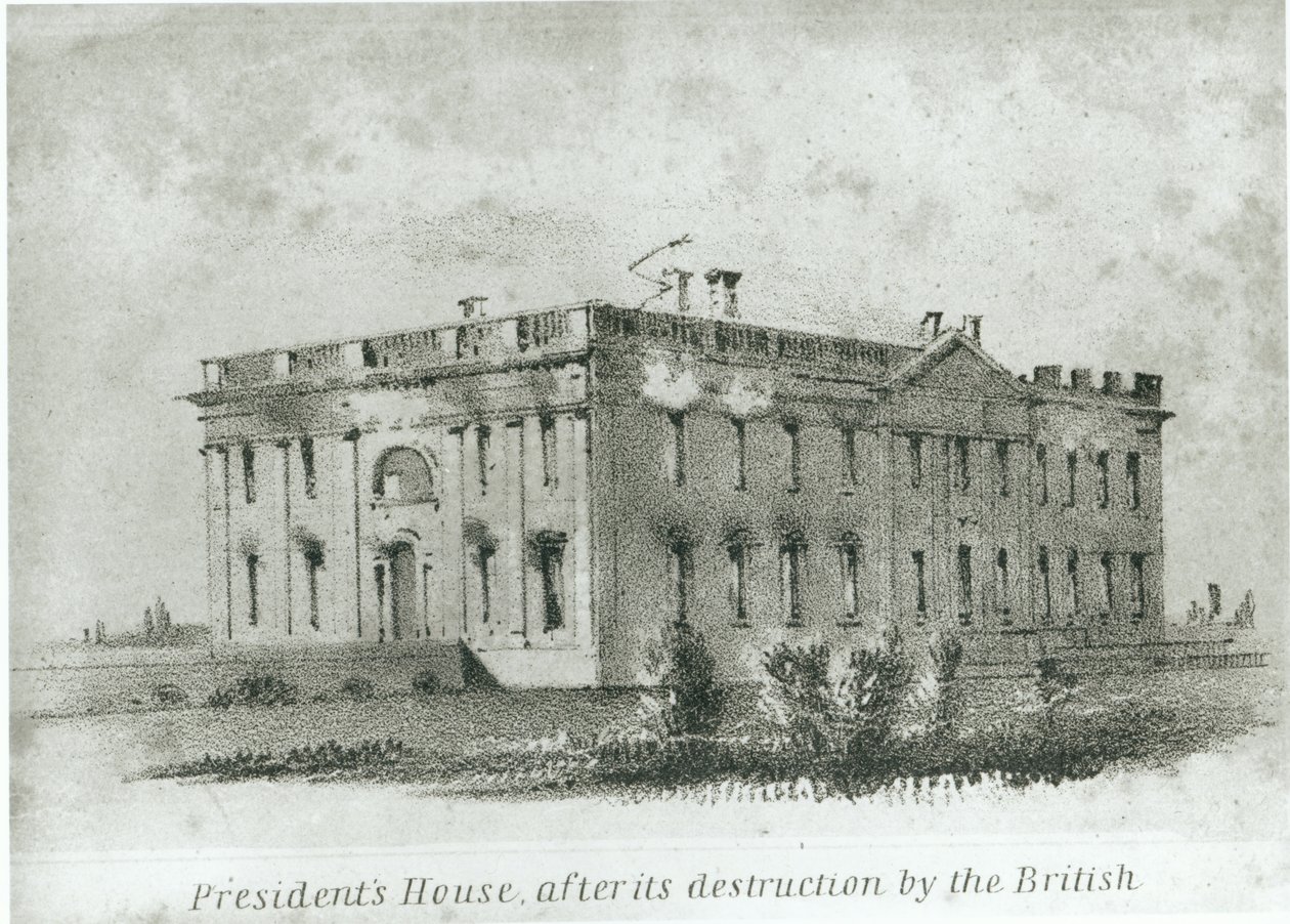 A Casa do Presidente Após a sua Destruição pelos Britânicos, do "New Guide to Washington" de Watterson de American School