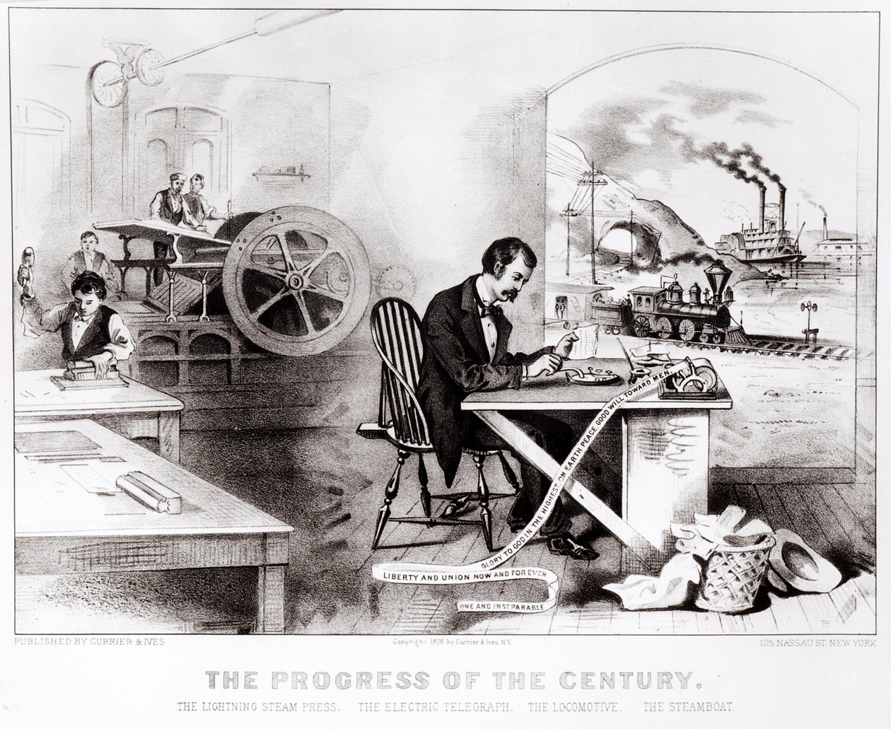 O progresso do século: A imprensa do vapor do relâmpago, o telégrafo elétrico, a locomotiva e o barco a vapor, bar. por Currier & Ives, 1876 de American School