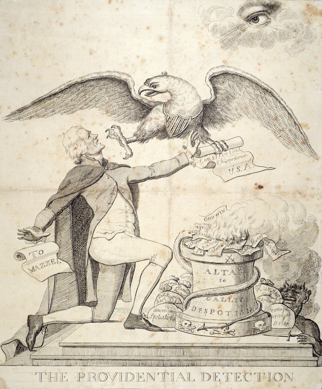 A Detecção Providencial, desenho animado representando Thomas Jefferson (1743-1826) tentando destruir a Constituição de American School