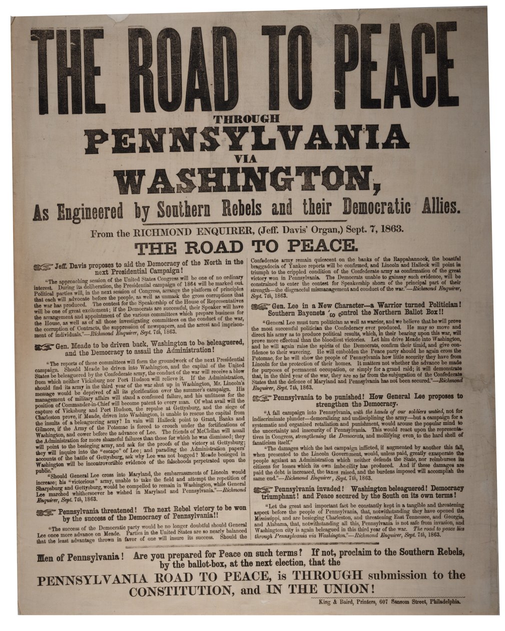 O caminho para a paz através da Pensilvânia via Washington, como engenheiros da Southern Rebels e seus aliados democratas, King & Baird (1839-1876), 7 de setembro de 1863 de American School