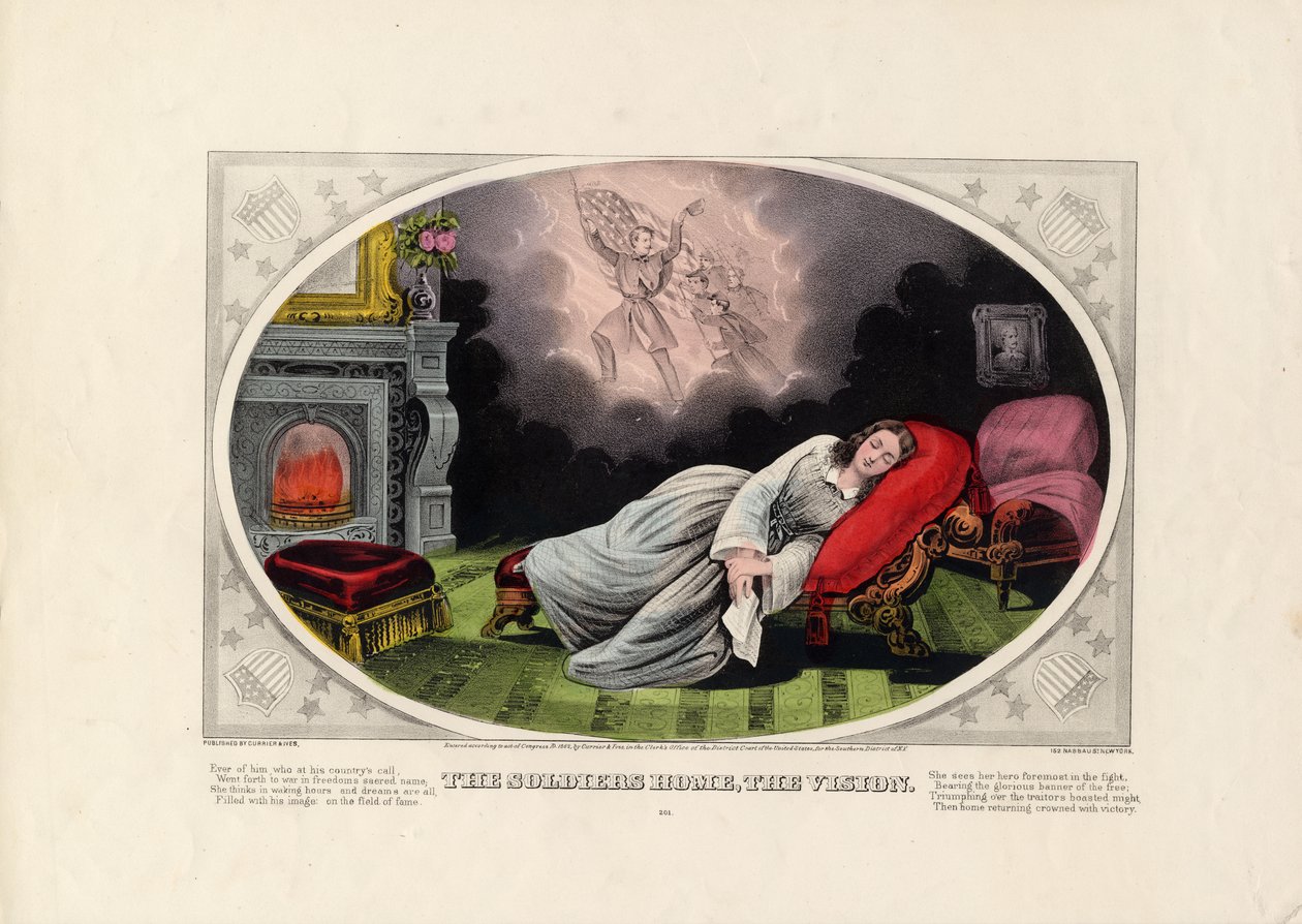 Os soldados em casa, a visão, pub. por Currier & Ives, 1862 de American School