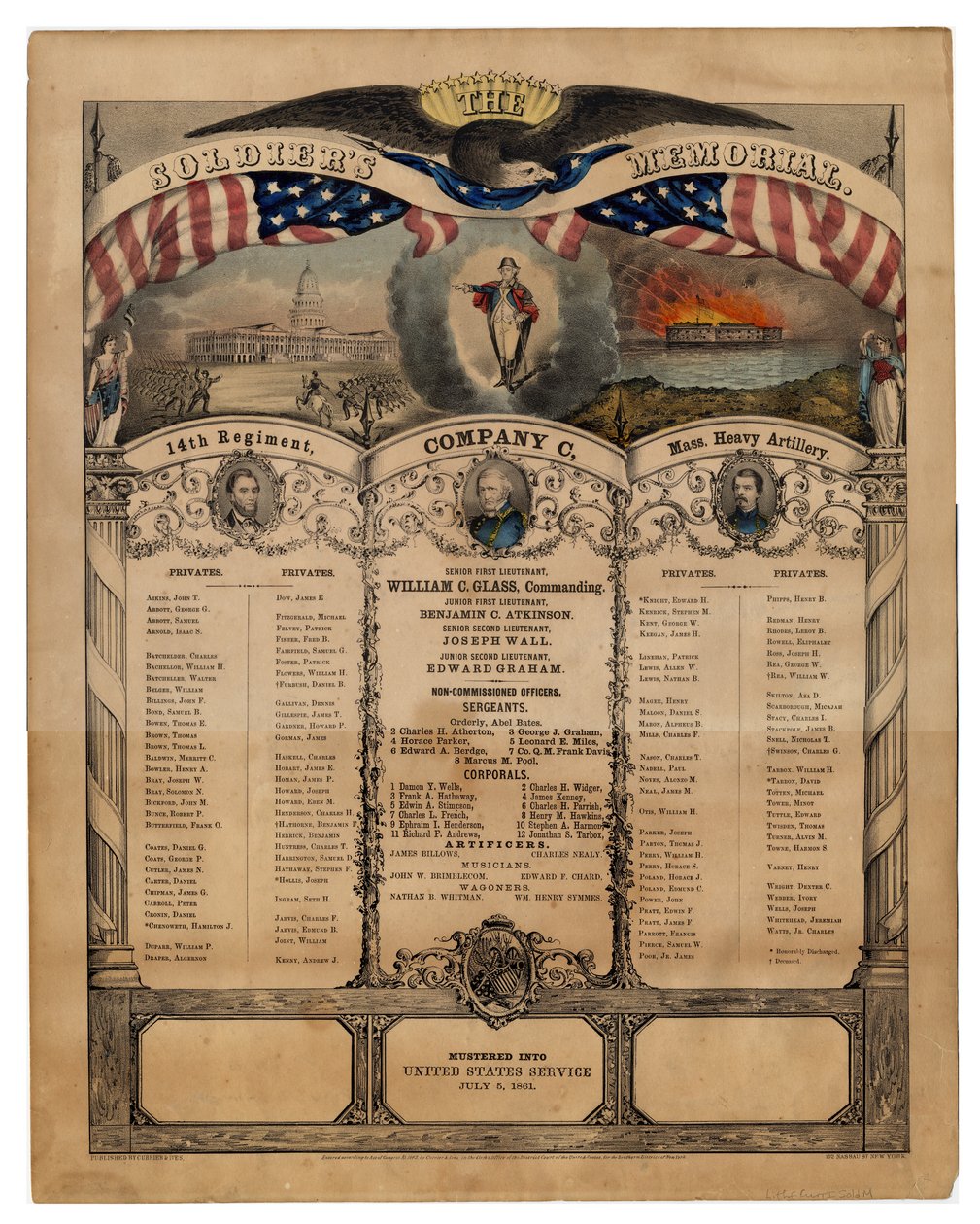 The Soldiers Memorial: 14º Regimento, Companhia C, Mass. Heavy Artillery, pub. por Currier & Ives, 1862 de American School