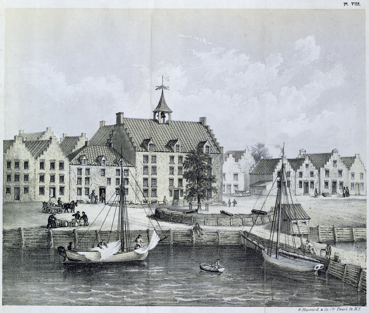 Os Stadthuys de Nova York em 1679, Corner of Pearl Street e Coentijs Slip, de Journal of a Voyage a Nova York em 1679-80 por Jasper Danckaerts (n.1639) e Peter Sluyter (1645-1722), publicado em 1867 de American School