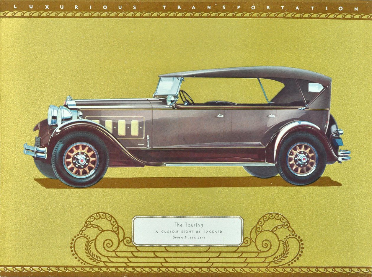 O Touring, um Custom Eight da Packard, pub.1930 (litografia a cores) de American School