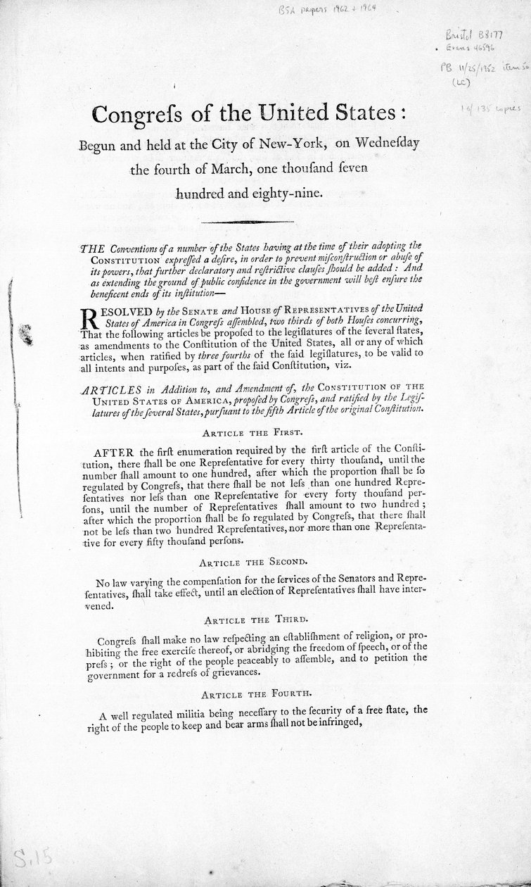 A Declaração de Direitos dos Estados Unidos, concluída em 1789 (impressão) de American School