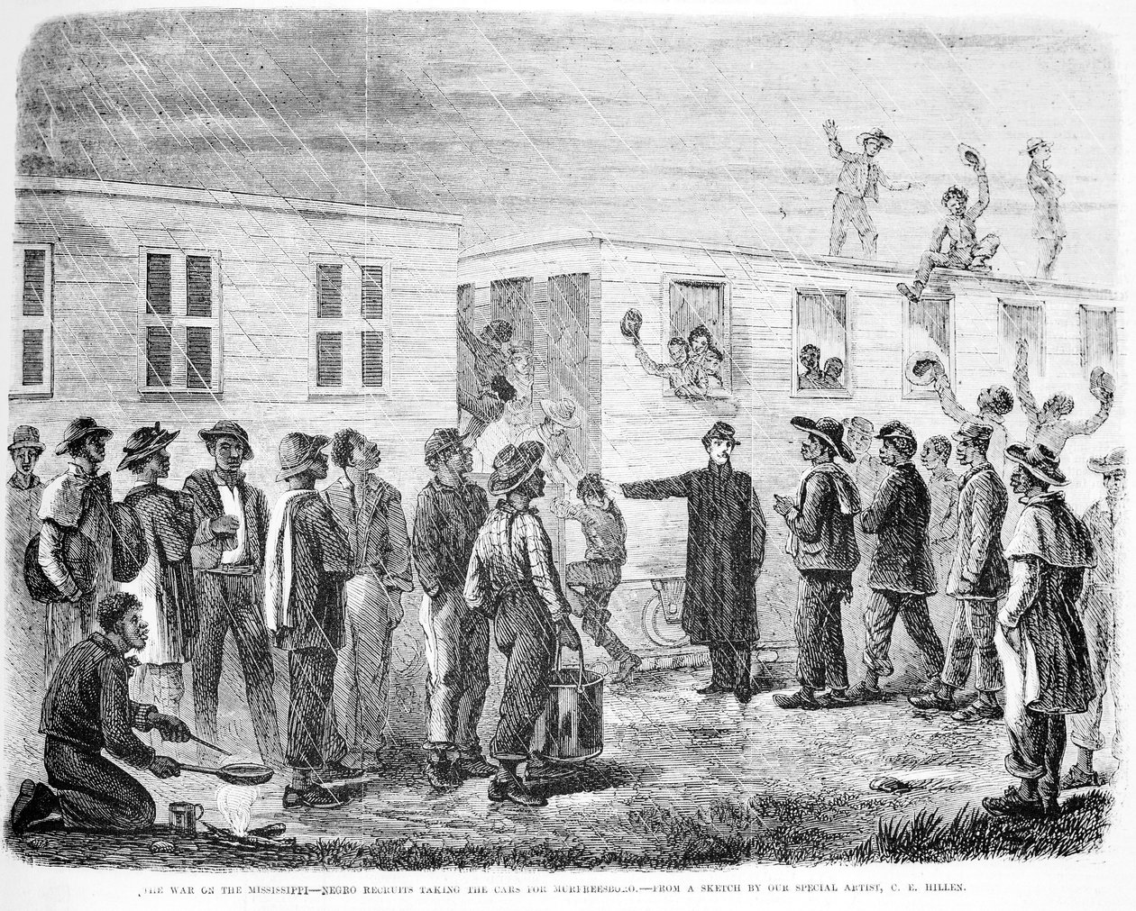 A Guerra contra o Mississippi Negro recruta o embarque no carro para Murfreesboro, de Frank Leslies Illustrated Newspaper, maio de 1864 de American School