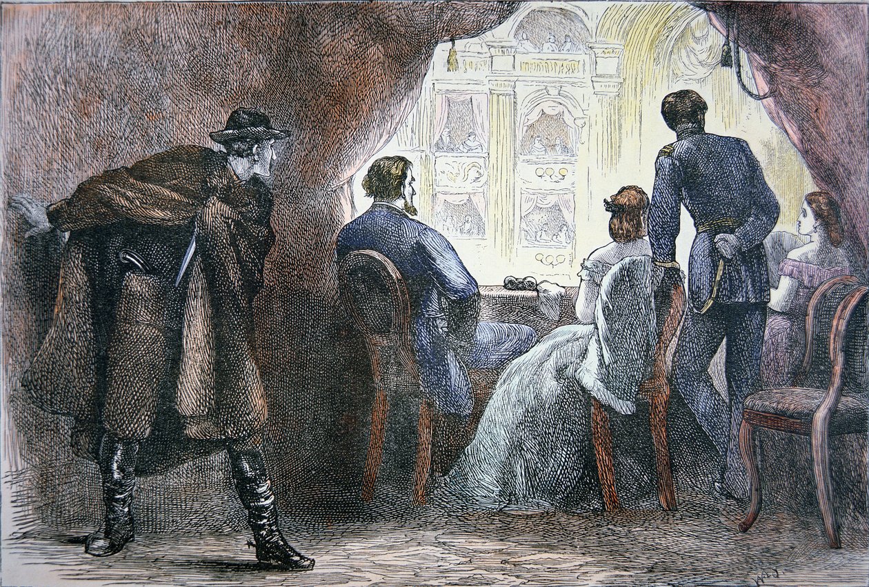 O assassinato de Abraham Lincoln (1809-65) na caixa do Teatro Ford, 14 de Abril de 1865 (cor litho) de American School